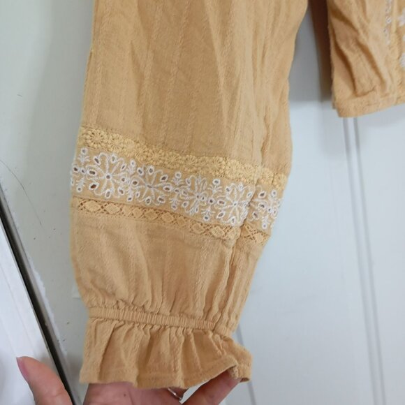 American Eagle Blouse Y2K Embroidered Boho Bohemia S Cotton Blend Mustard Womens - Picture 8 of 11